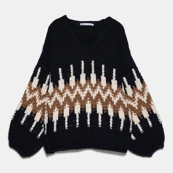 NWT ZARA BALLOON SLEEVE JACQUARD navy blue SWEATER - Picture 1 of 3